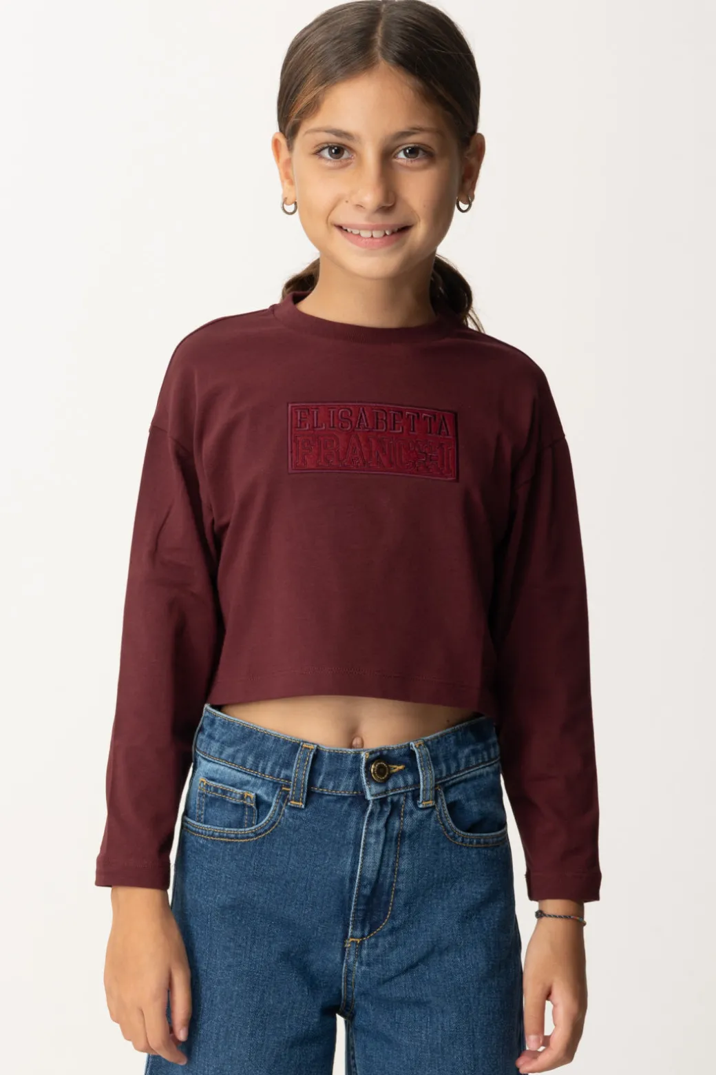 Elisabetta Franchi Bambina T-shirt Crop con Manica Lunga con LogoROUGE NOIR