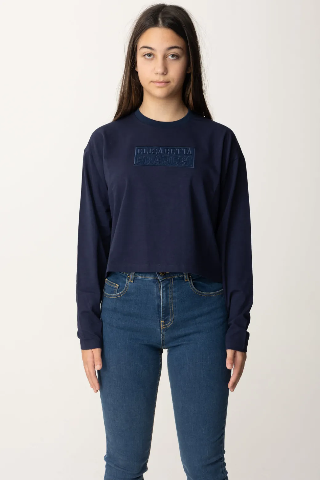 Elisabetta Franchi Bambina T-shirt Crop con Manica Lunga con LogoBLU NAVY