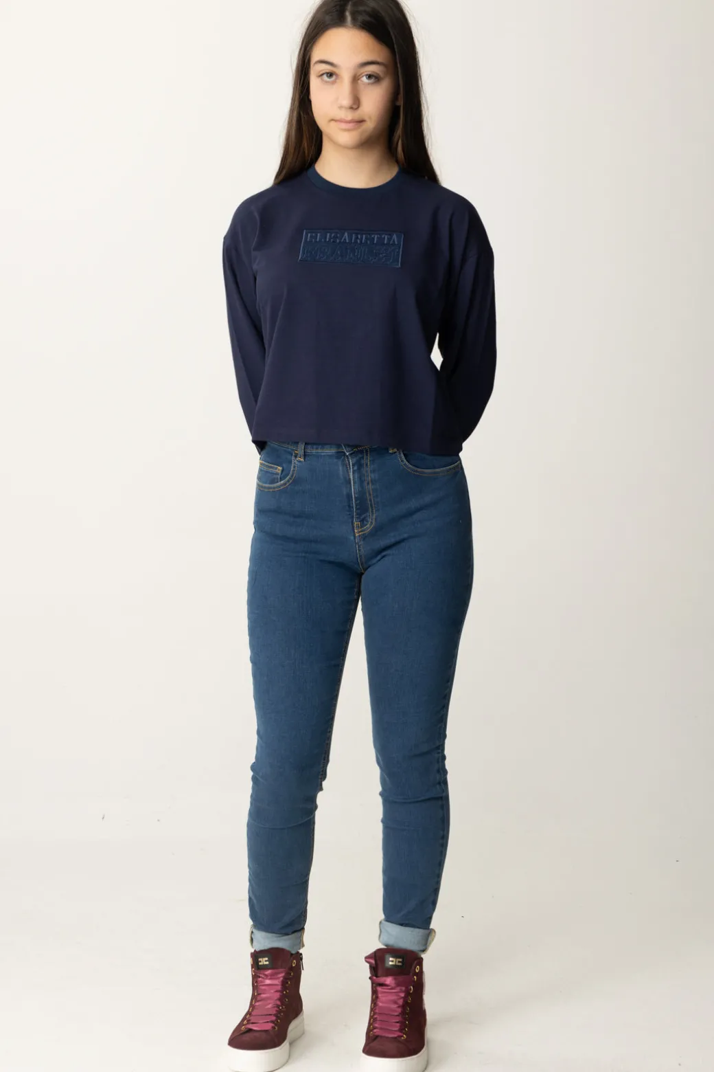 Elisabetta Franchi Bambina T-shirt Crop con Manica Lunga con LogoBLU NAVY