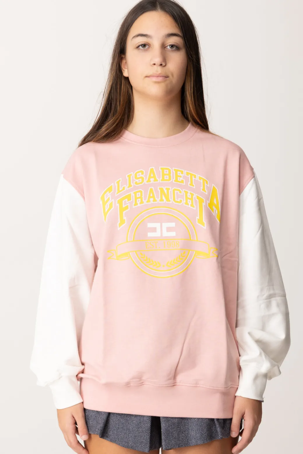Elisabetta Franchi Bambina Felpa Oversize con Stampa Logo In Stile CollegePOWDER PINK/AVORIO/RIC