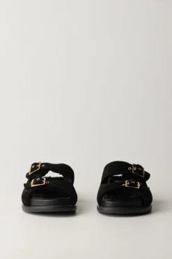 Elisabetta Franchi Bambina Sandali a Ciabatta con Fibbie e PelliccettaNERO