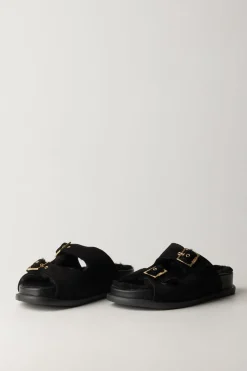 Elisabetta Franchi Bambina Sandali a Ciabatta con Fibbie e PelliccettaNERO