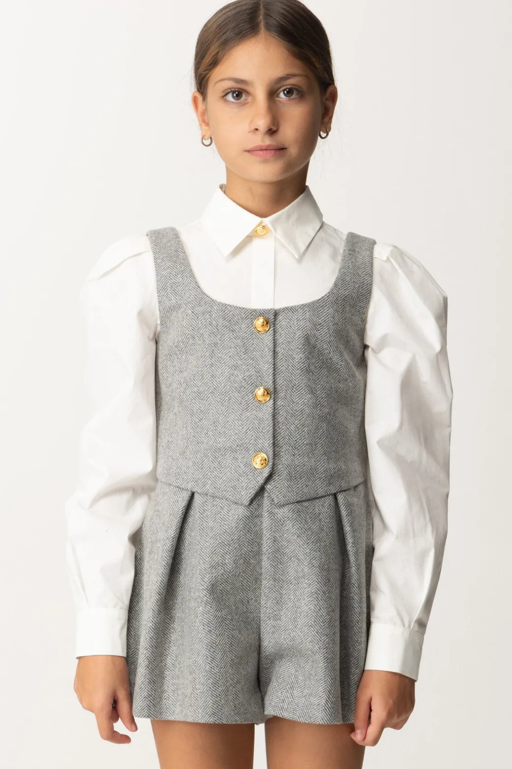 Elisabetta Franchi Bambina Tuta Corta In Lana con Inserto CamiciaAVORIO/STEEL