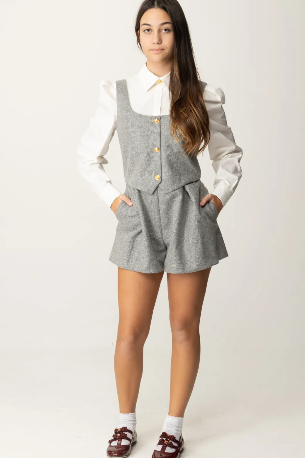 Elisabetta Franchi Bambina Tuta Corta In Lana con Inserto CamiciaAVORIO/STEEL