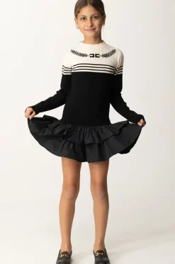 Elisabetta Franchi Bambina Abito Maglia con Gonna In TaffetàNERO/BURRO