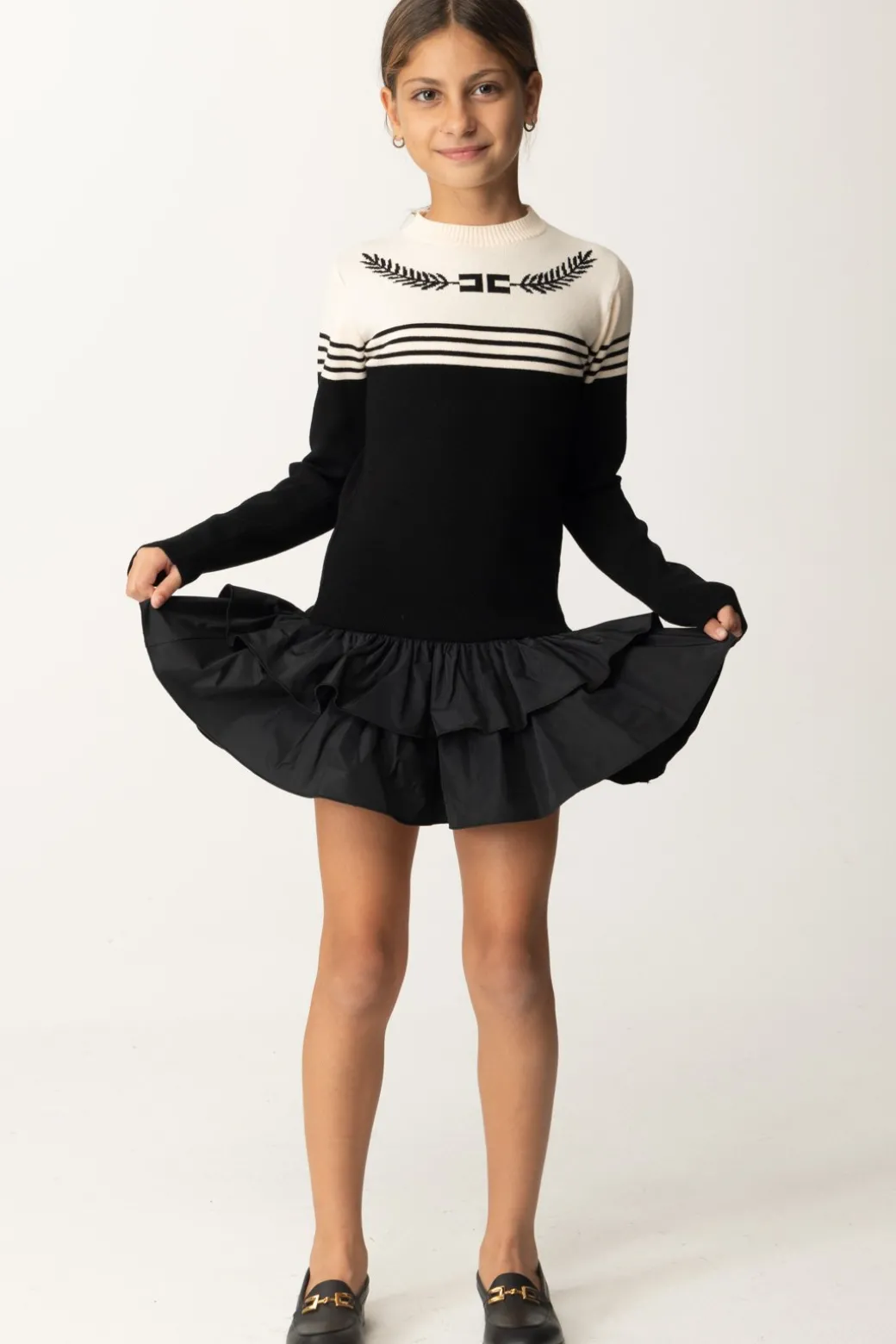 Elisabetta Franchi Bambina Abito Maglia con Gonna In TaffetàNERO/BURRO