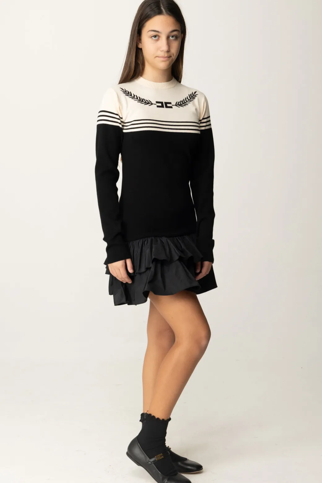 Elisabetta Franchi Bambina Abito Maglia con Gonna In TaffetàNERO/BURRO