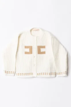 Elisabetta Franchi Bambina Cardigan Tricot con Logo RicamatoIVORY/SAND