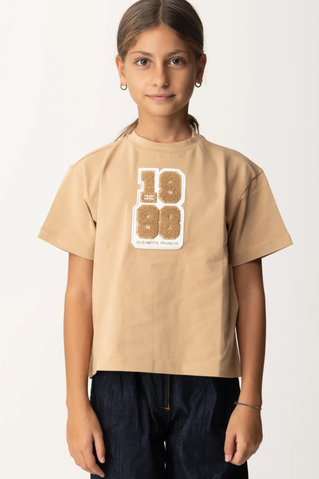 Elisabetta Franchi Bambina T-shirt con Toppa "1998"CAMEL / AVORIO