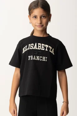 Elisabetta Franchi Bambina T-shirt Over con Ricamo Logo In Stile CollegeNERO/RICAMO BURRO-NERO