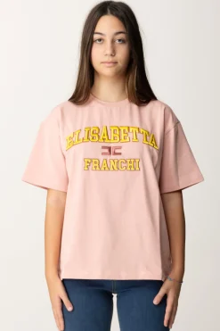 Elisabetta Franchi Bambina T-shirt Over con Ricamo Logo In Stile CollegePOWDER PINK/RICAMO MIMOSA-BLUSH