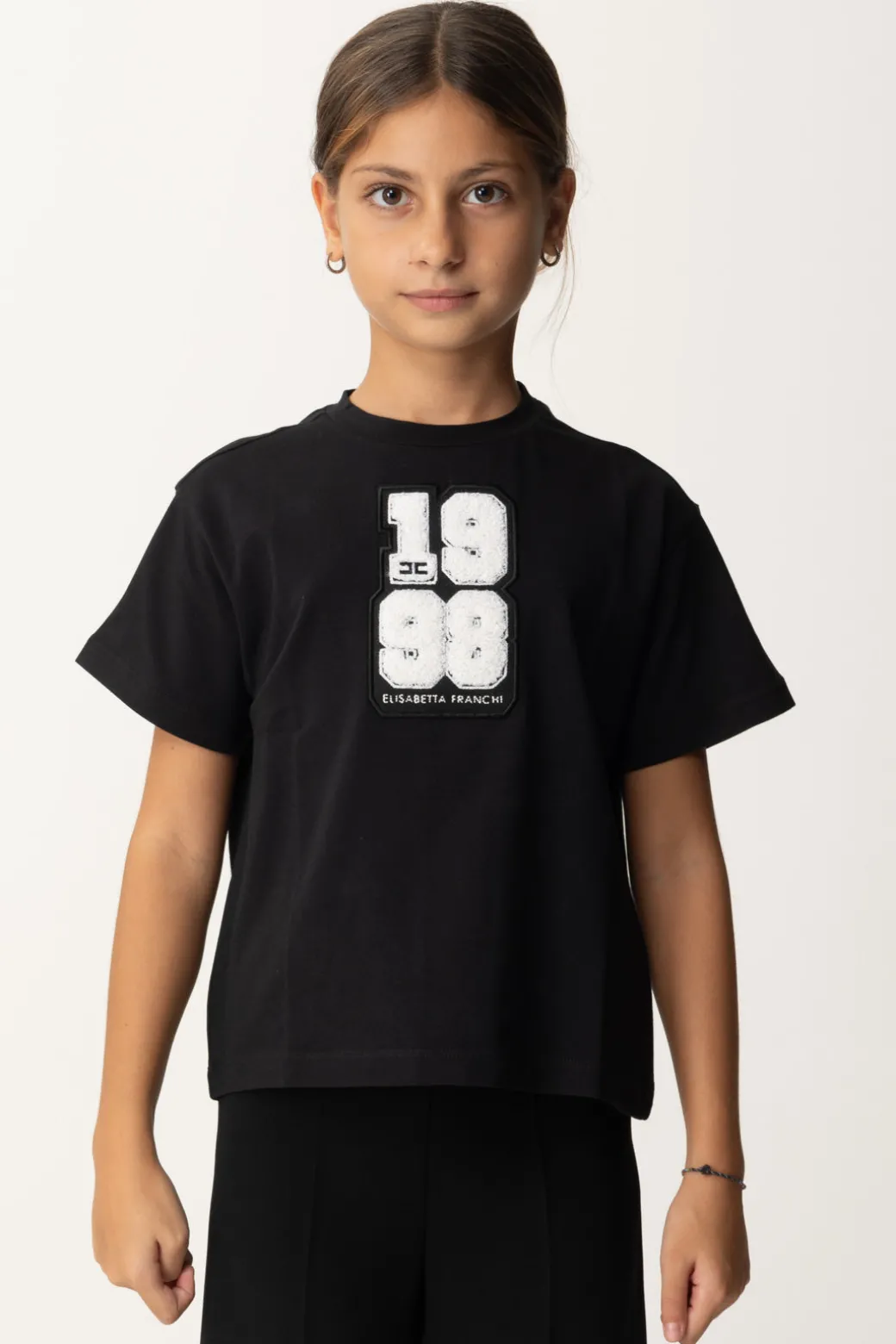 Elisabetta Franchi Bambina T-shirt con Toppa "1998"NERO RICAMO AVORIO