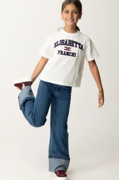Elisabetta Franchi Bambina T-shirt Over con Ricamo Logo In Stile CollegeAVORIO/RICAMO NAVY-ROUGE NOIR