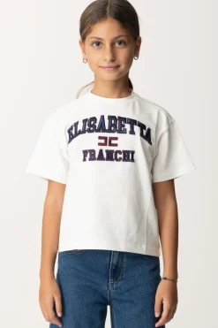 Elisabetta Franchi Bambina T-shirt Over con Ricamo Logo In Stile CollegeAVORIO/RICAMO NAVY-ROUGE NOIR