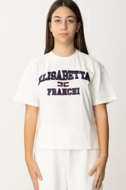 Elisabetta Franchi Bambina T-shirt Over con Ricamo Logo In Stile CollegeAVORIO/RICAMO NAVY-ROUGE NOIR