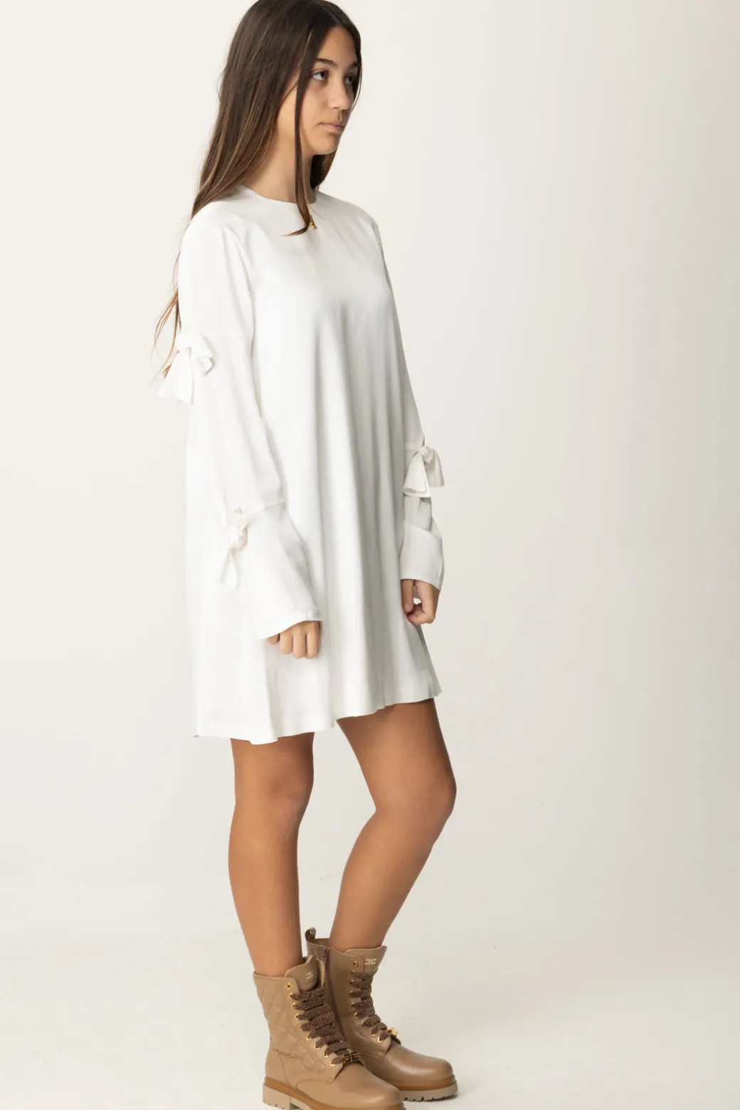 Elisabetta Franchi Bambina Abito In Crepe Satin con FiocchiPANNA CHIARO