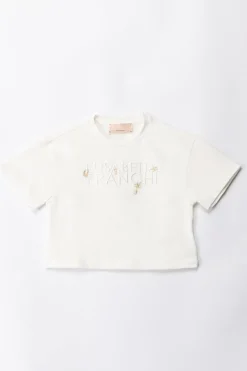 Elisabetta Franchi Bambina T-shirt con Ricamo Lettering e CharmLIGHT CREAM