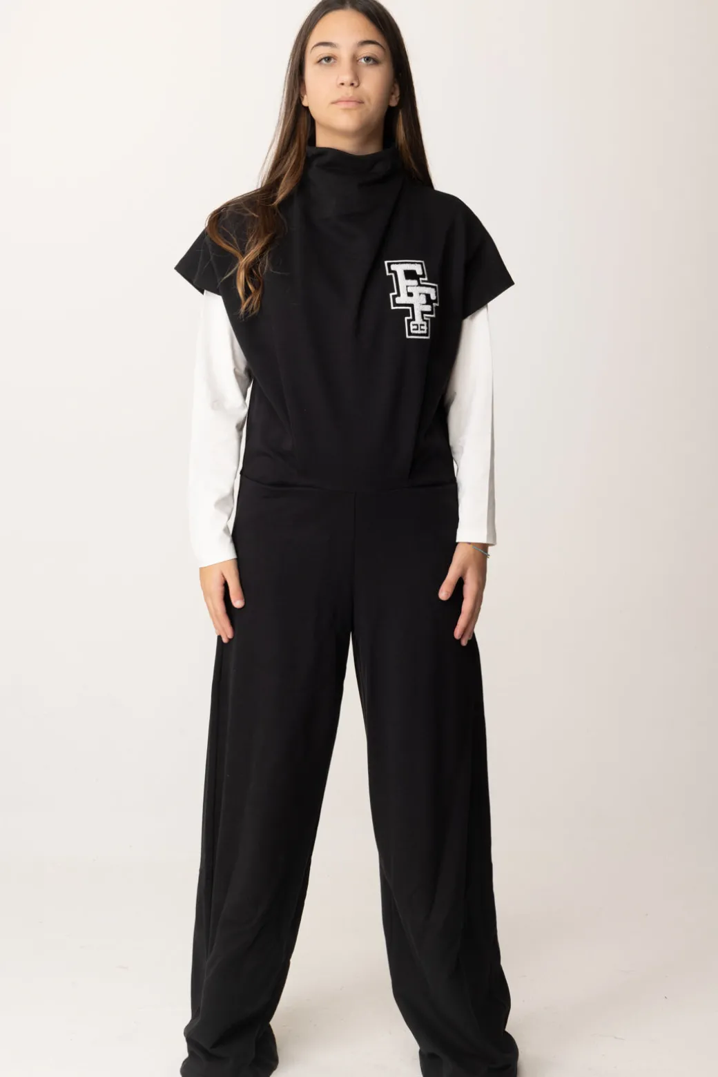 Elisabetta Franchi Bambina Tuta In Felpa Collo Alto con Patch EfNERO/RICAMO NERO-AVORIO