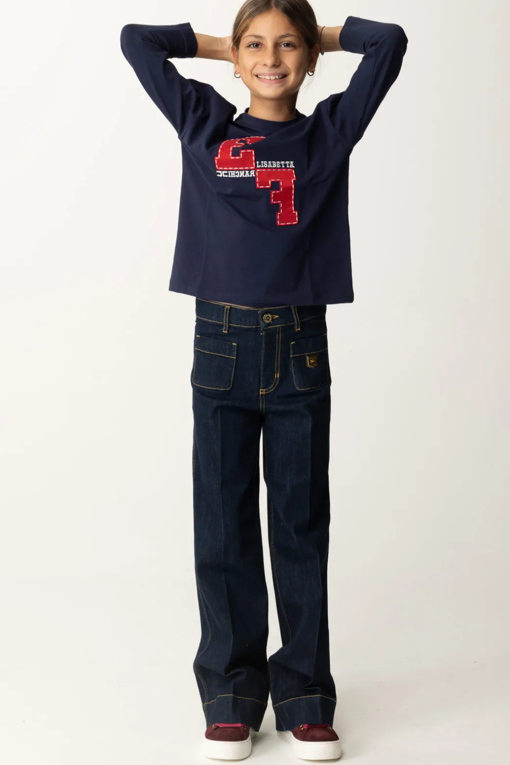 Elisabetta Franchi Bambina T-shirt Manica Lunga con Ricamo LogoNAVY/RED PASSION-AVORIO