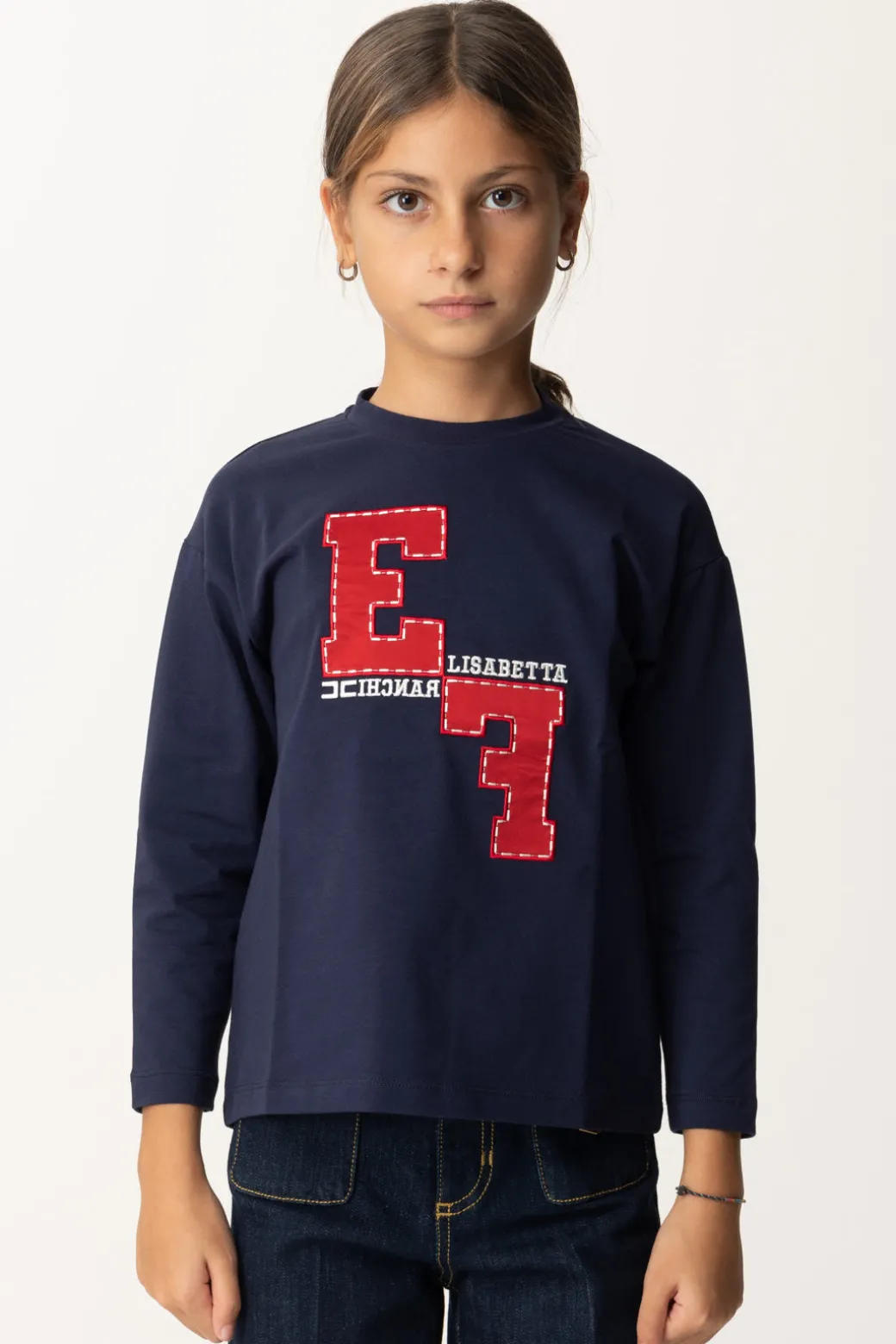 Elisabetta Franchi Bambina T-shirt Manica Lunga con Ricamo LogoNAVY/RED PASSION-AVORIO