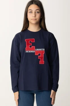 Elisabetta Franchi Bambina T-shirt Manica Lunga con Ricamo LogoNAVY/RED PASSION-AVORIO