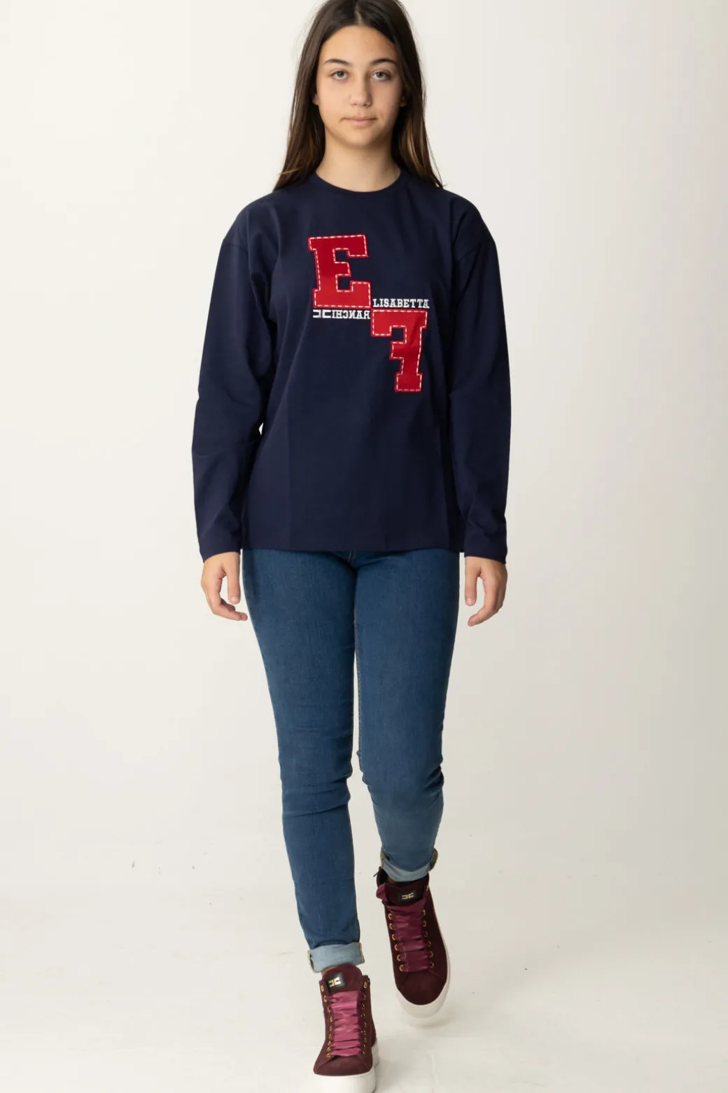 Elisabetta Franchi Bambina T-shirt Manica Lunga con Ricamo LogoNAVY/RED PASSION-AVORIO