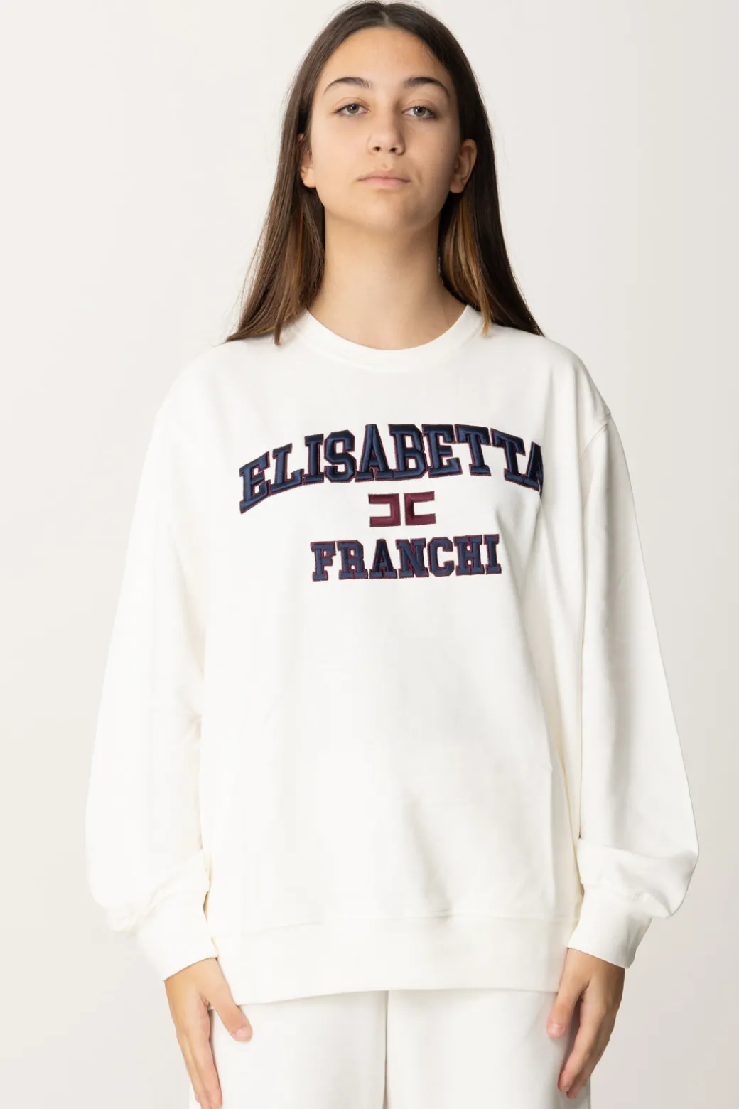 Elisabetta Franchi Bambina Felpa Over con Ricamo Logo In Stile CollegeAVORIO/RICAMO NAVY-ROUGE NOIR