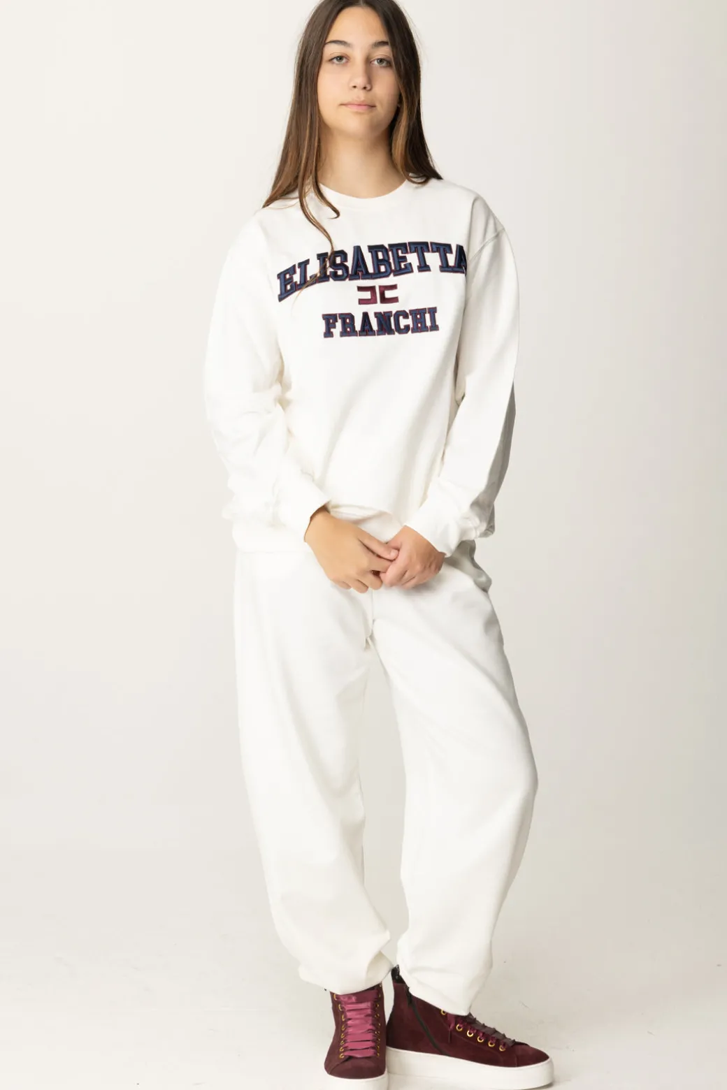 Elisabetta Franchi Bambina Felpa Over con Ricamo Logo In Stile CollegeAVORIO/RICAMO NAVY-ROUGE NOIR