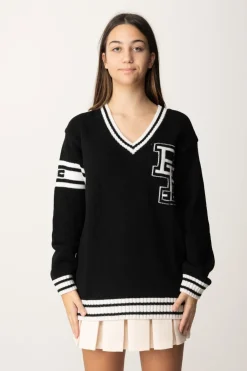 Elisabetta Franchi Bambina Maglione Scollo a V con Logo EfNERO-BURRO