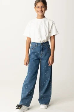 Elisabetta Franchi Bambina Jeans Wide Leg con Applicazione Strass LogoBLU