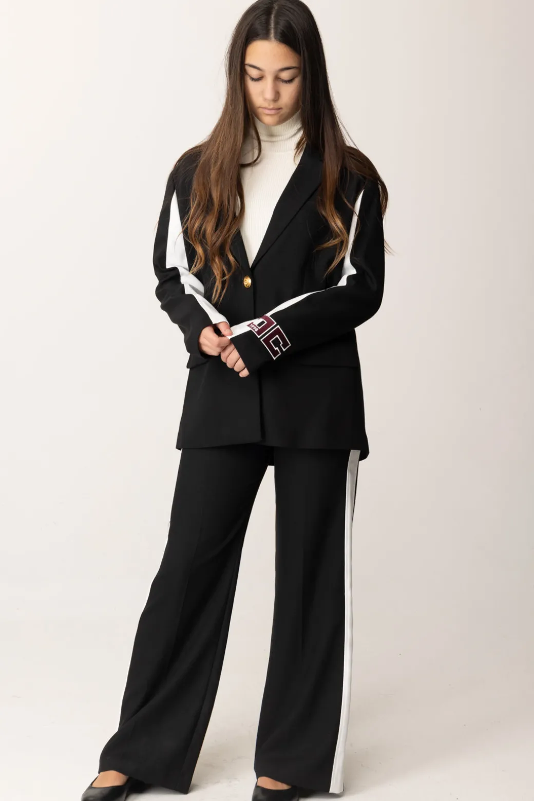 Elisabetta Franchi Bambina Giacca con Bande a Contrasto e Logo Sulla ManicaNERO/AVORIO/ROUGE NOIR-AVORIO