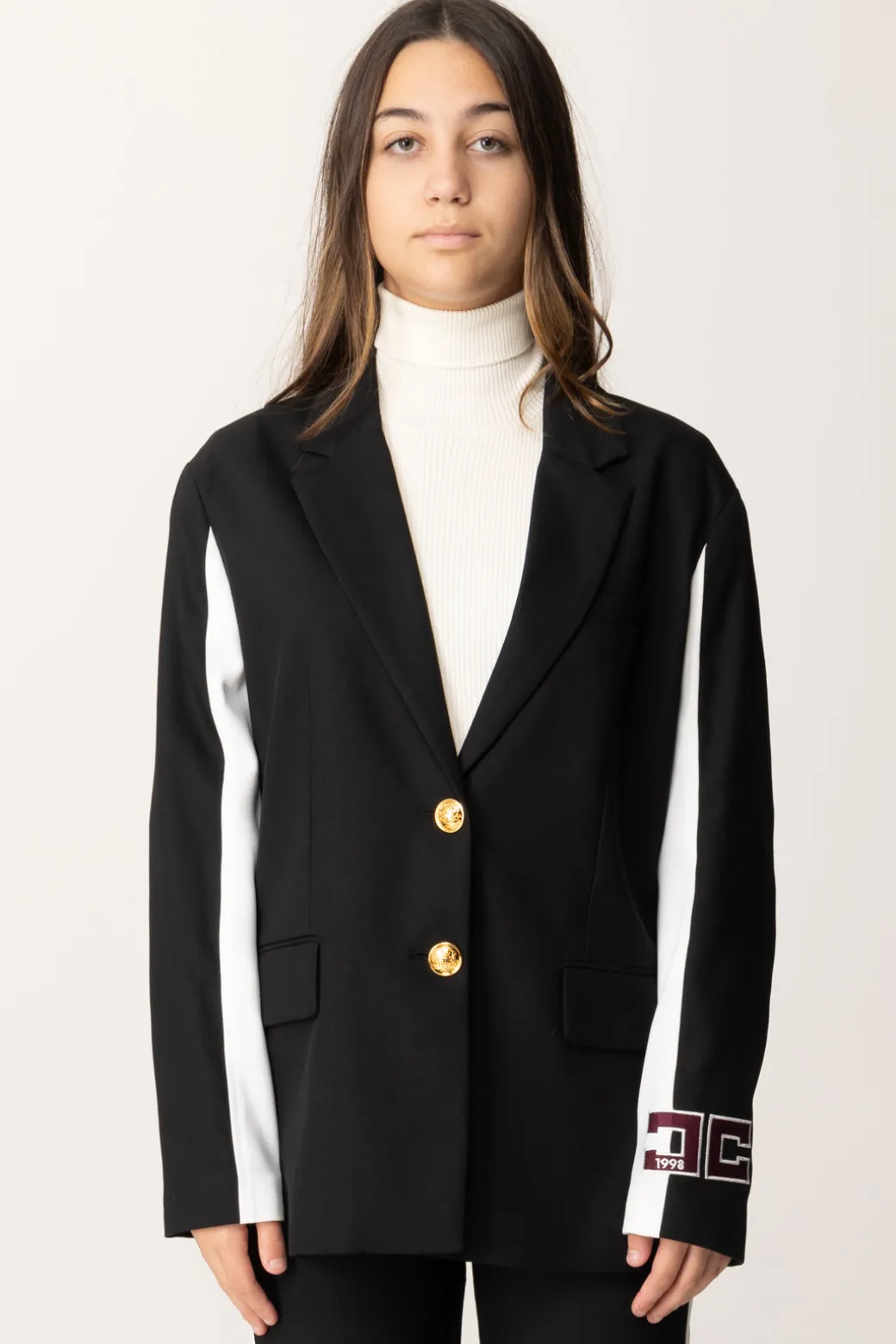 Elisabetta Franchi Bambina Giacca con Bande a Contrasto e Logo Sulla ManicaNERO/AVORIO/ROUGE NOIR-AVORIO