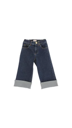 Elisabetta Franchi Bambina Jeans Wide Leg con Risvolto e PatchBLU SCURO