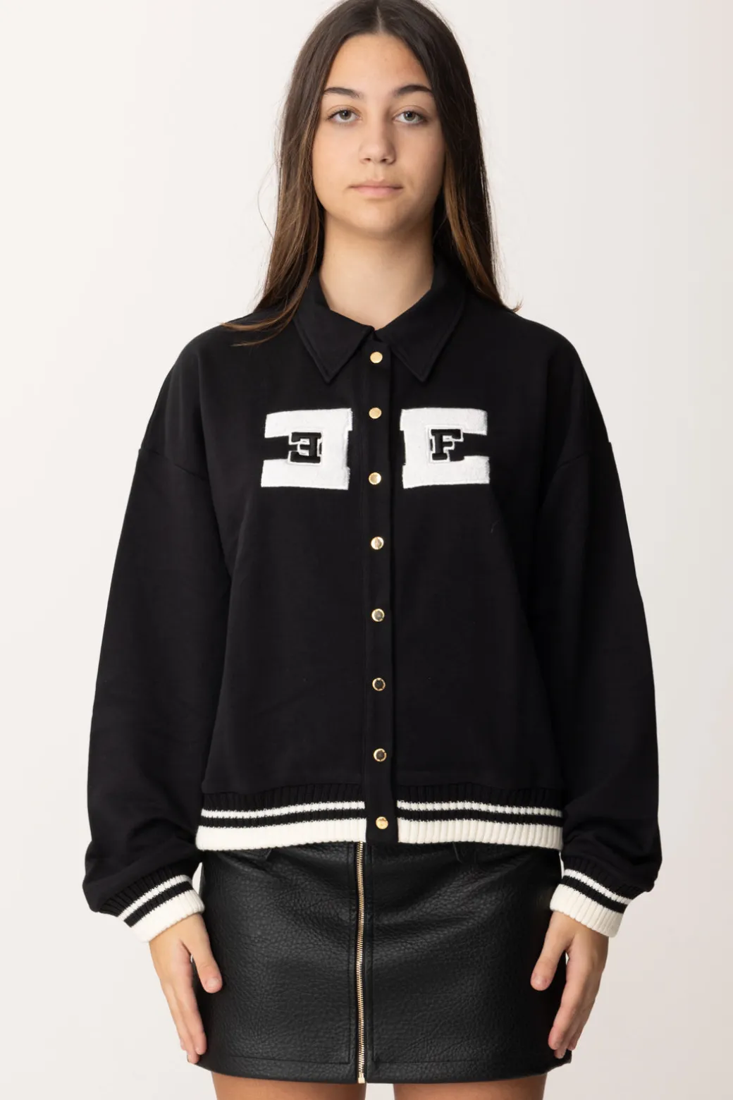 Elisabetta Franchi Bambina Felpa con Bottoni con Logo CollegeNERO/RICAMO AVORIO-NERO