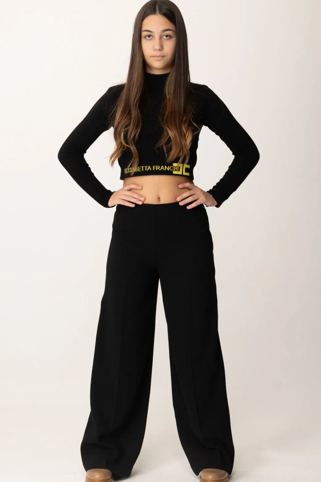 Elisabetta Franchi Bambina Pantaloni Wide-leg In Crepe con Charm LogoNERO