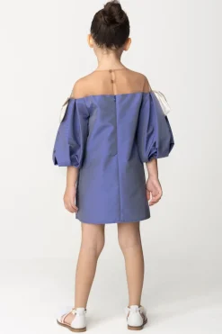 Elisabetta Franchi Bambina Abito con Maniche a Palloncino e FiocchiNAKED/INDIGO BLUE/BUTTER