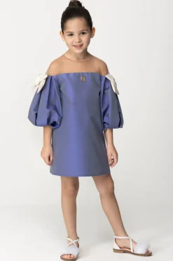 Elisabetta Franchi Bambina Abito con Maniche a Palloncino e FiocchiNAKED/INDIGO BLUE/BUTTER