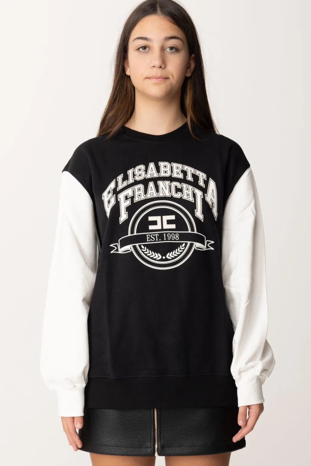 Elisabetta Franchi Bambina Felpa Oversize con Stampa Logo In Stile CollegeNERO/AVORIO/RIC