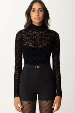 Elisabetta Franchi Body In Tulle con Stampa FlockNERO