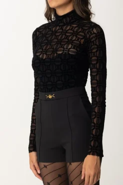 Elisabetta Franchi Body In Tulle con Stampa FlockNERO