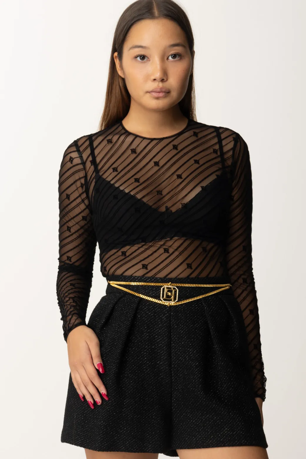 Elisabetta Franchi Body In Tulle Stampa FlockNERO