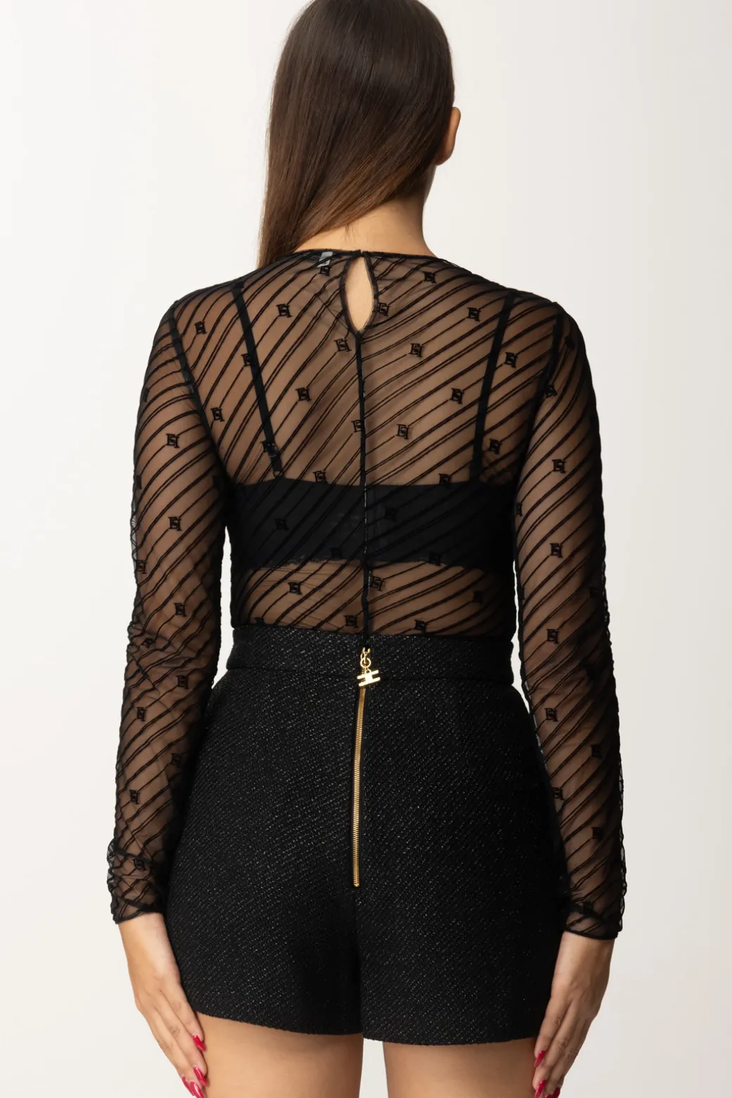 Elisabetta Franchi Body In Tulle Stampa FlockNERO