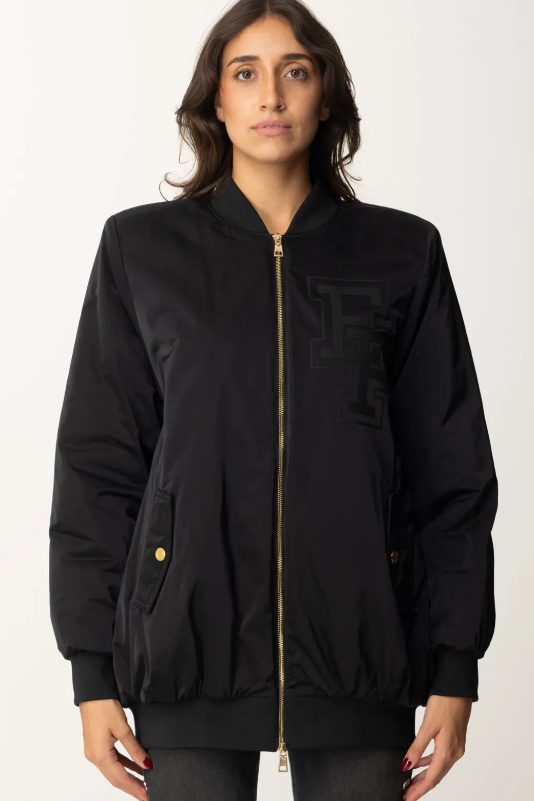 Elisabetta Franchi Bomber In Nylon con Maxi LogoNERO