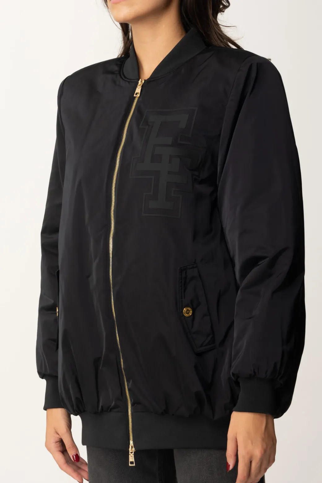 Elisabetta Franchi Bomber In Nylon con Maxi LogoNERO