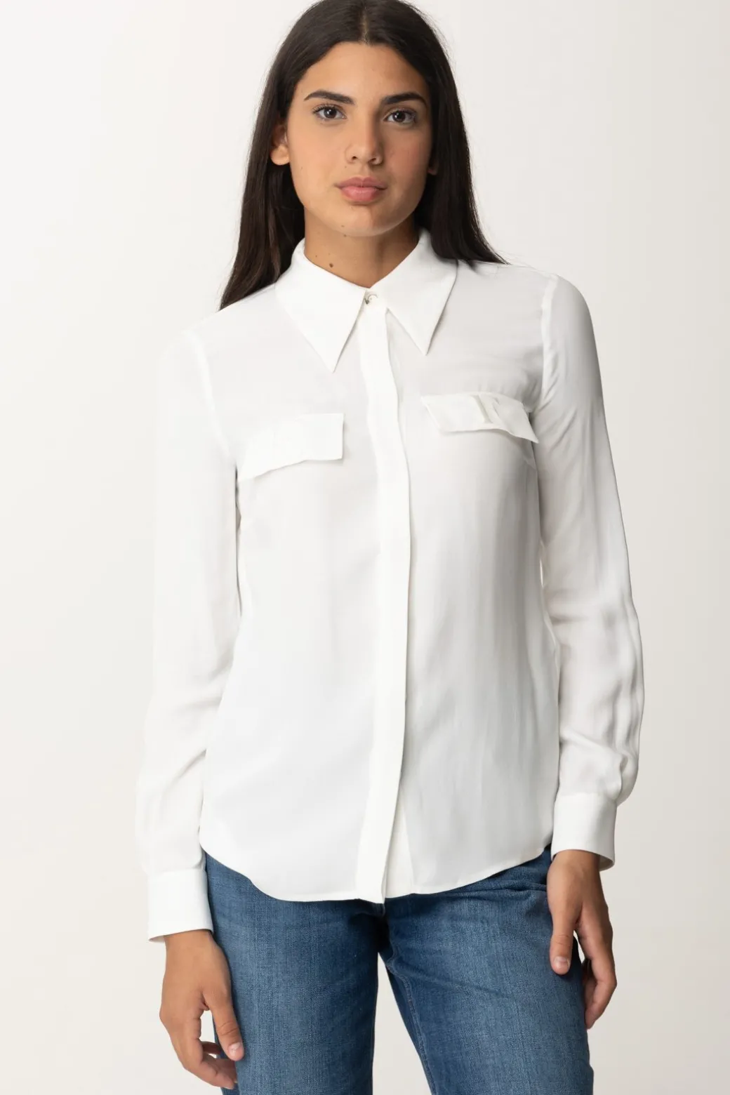 Elisabetta Franchi Camicia In Georgette con Tasche RicamateAVORIO