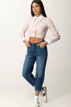 Elisabetta Franchi Camicia Crop a Righe con DrappeggioPOWDER PINK/BIANCO