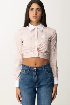 Elisabetta Franchi Camicia Crop a Righe con DrappeggioPOWDER PINK/BIANCO