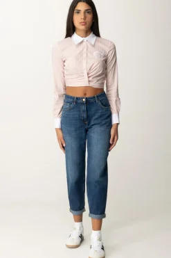 Elisabetta Franchi Camicia Crop a Righe con DrappeggioPOWDER PINK/BIANCO