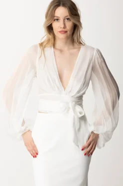 Elisabetta Franchi Camicia In Voile Di Seta con Maniche ArricciateAVORIO