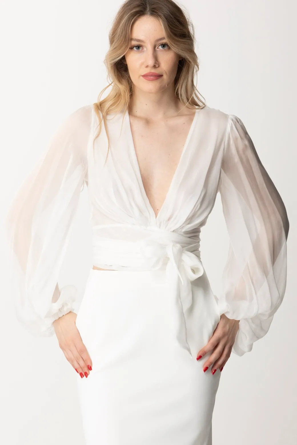 Elisabetta Franchi Camicia In Voile Di Seta con Maniche ArricciateAVORIO